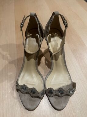 Alexandre Birman Tan Suede Ankle Strap Heels with Embellishments